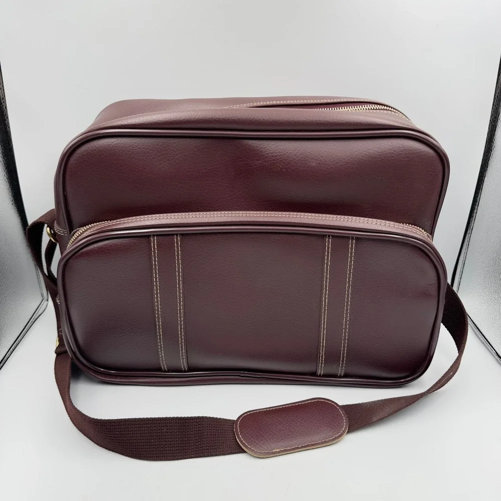 Vintage Burgundy Faux Leather Traveling‎ Bag Messenger Made in Taiwan ROC